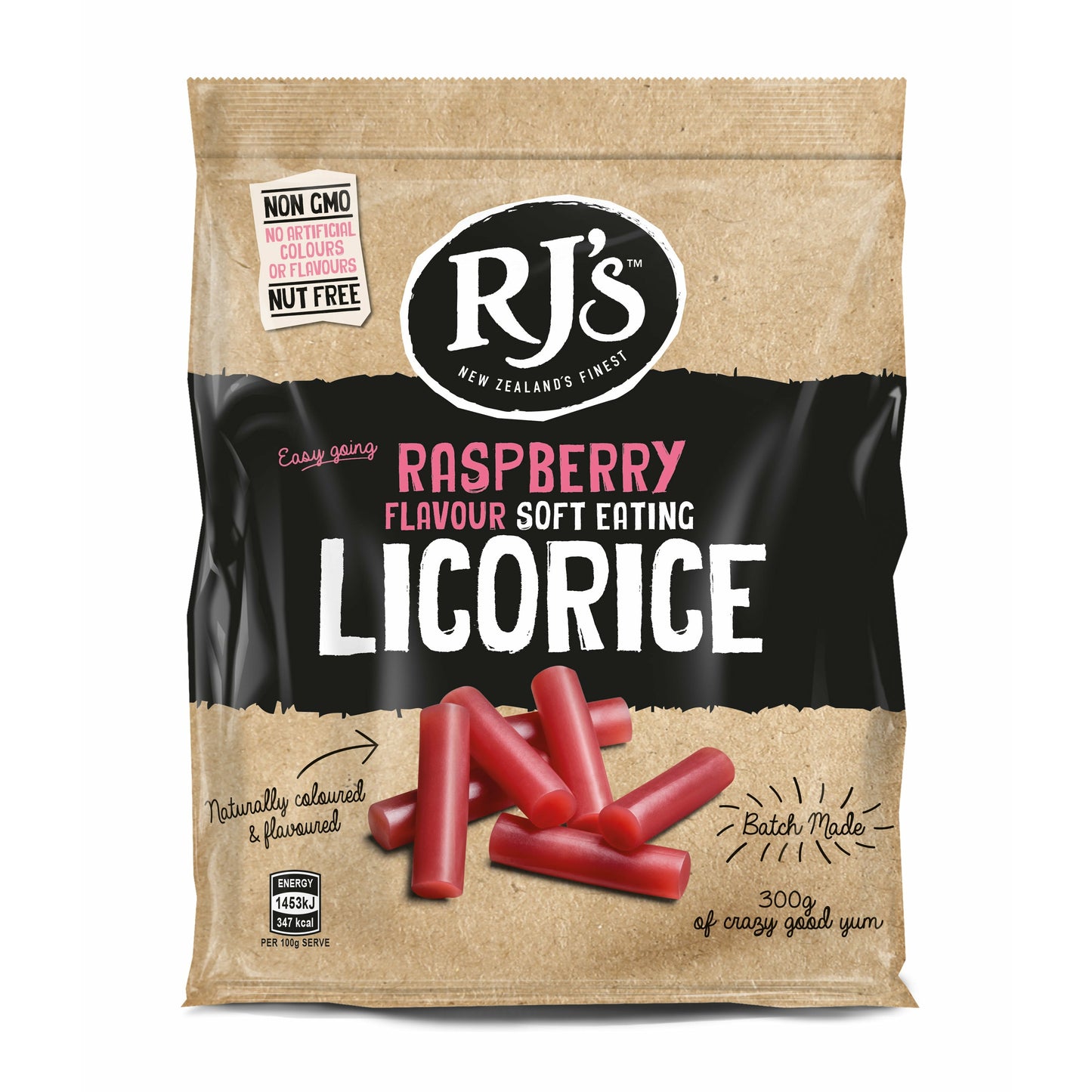 RJs LICORICE Natural Soft Eating Licorice Raspb Size - 12x300g