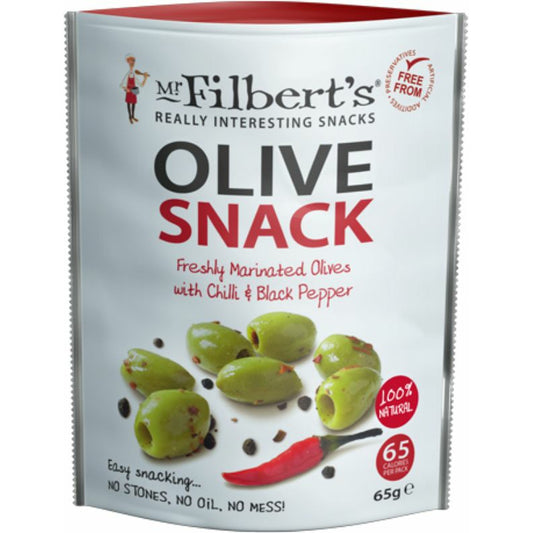 MR MR FILBERTS Green Olive Chilli & Pepper Olives Size - 8x65g